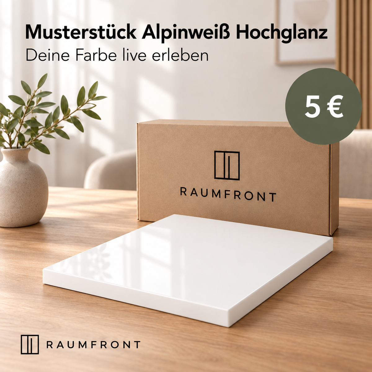 Musterstück Alpinweiß Hochglanz mit passender Oberfläche und Kanten, Raumfront-Verpackung und Preis 5 Euro