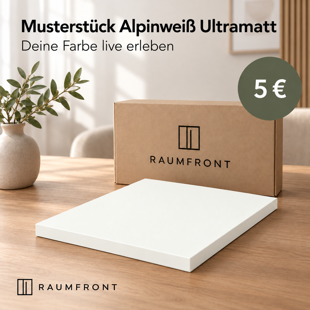 Musterstück Alpinweiß Ultramatt mit matter Oberfläche und passenden Kanten, Raumfront-Verpackung und Preis 5 Euro