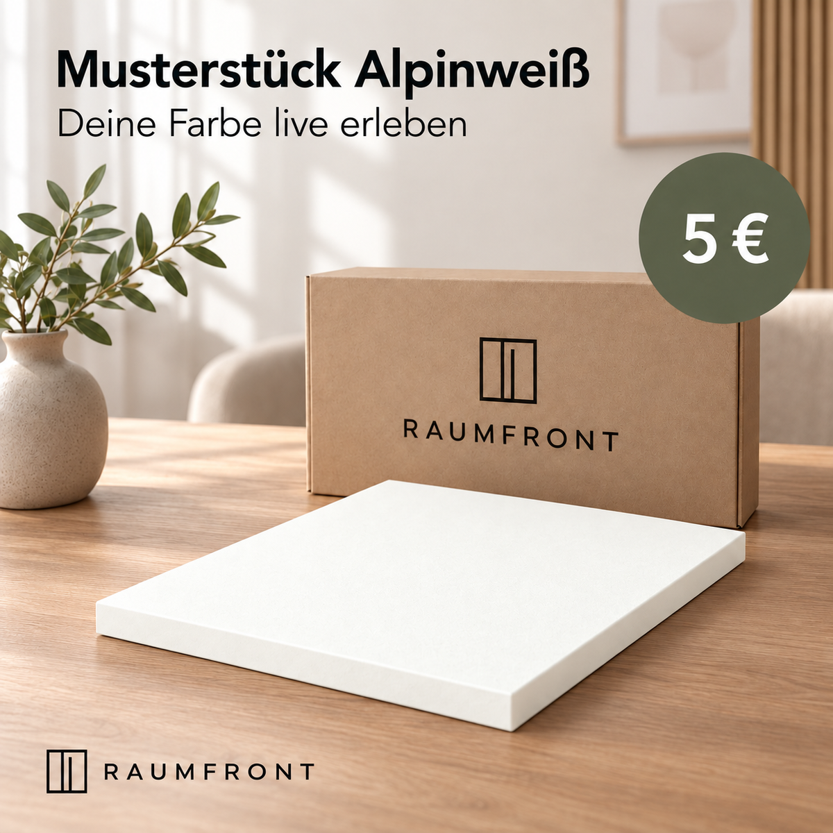 Musterstück Alpinweiß mit passender Oberfläche und Kanten, Raumfront-Verpackung und Preis 5 Euro