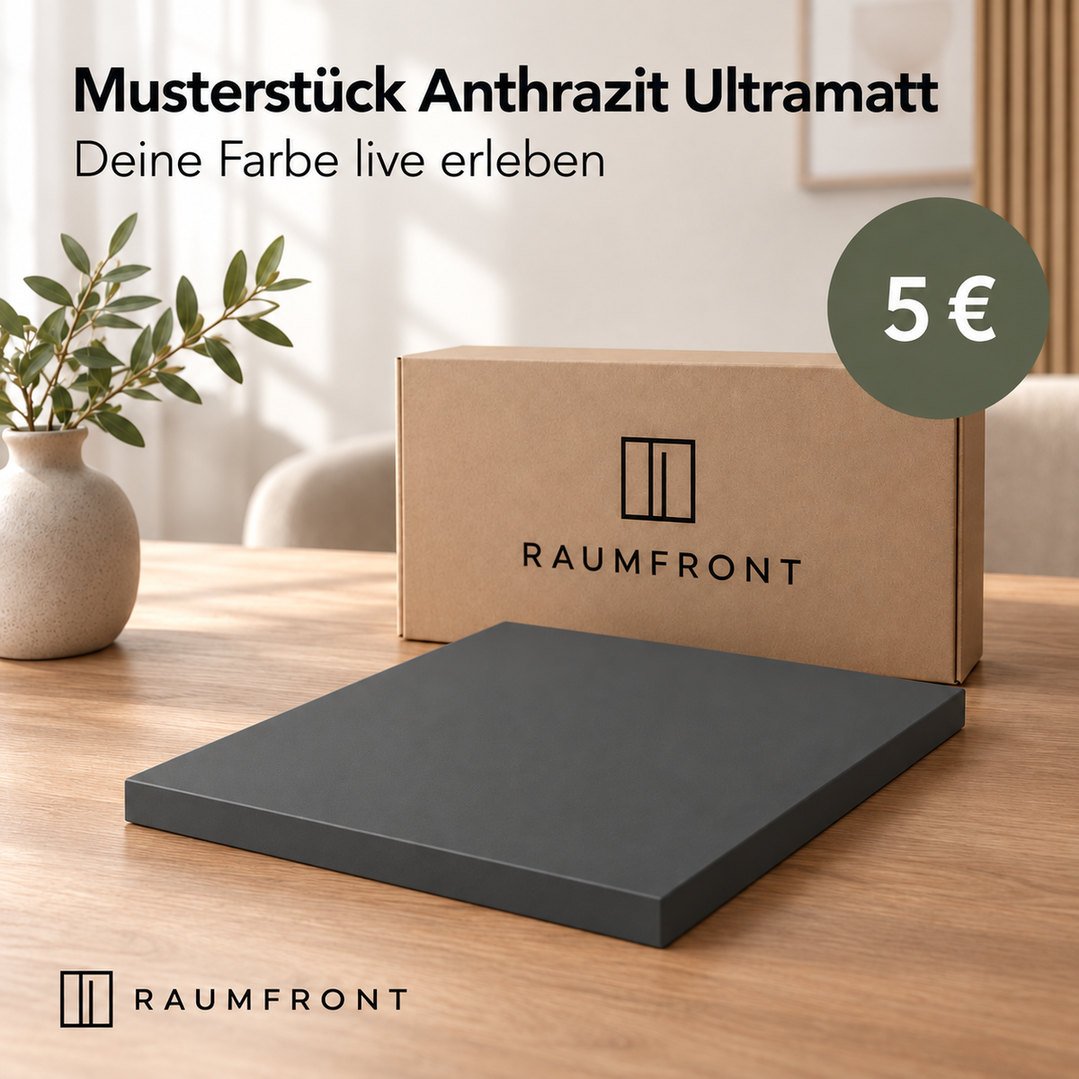 Musterstück Anthrazit Ultramatt mit matter Oberfläche und passenden Kanten, Raumfront-Verpackung und Preis 5 Euro