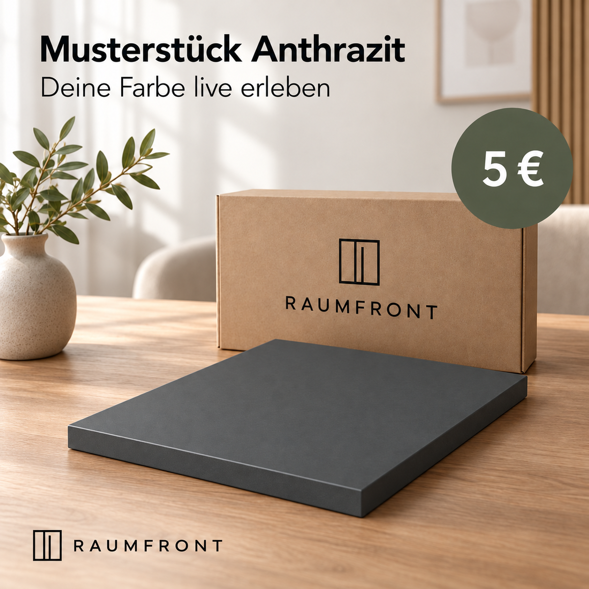 Musterstück Anthrazit mit durchgehend passender Oberfläche und Kanten, Raumfront-Verpackung und Preis 5 Euro