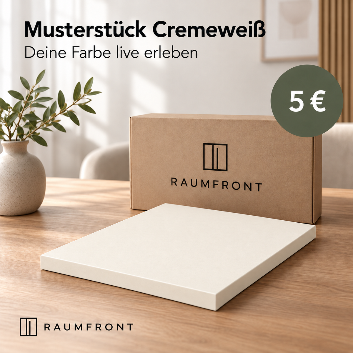 Musterstück Cremeweiß mit durchgehend passender Oberfläche und Kanten, Raumfront-Verpackung und Preis 5 Euro