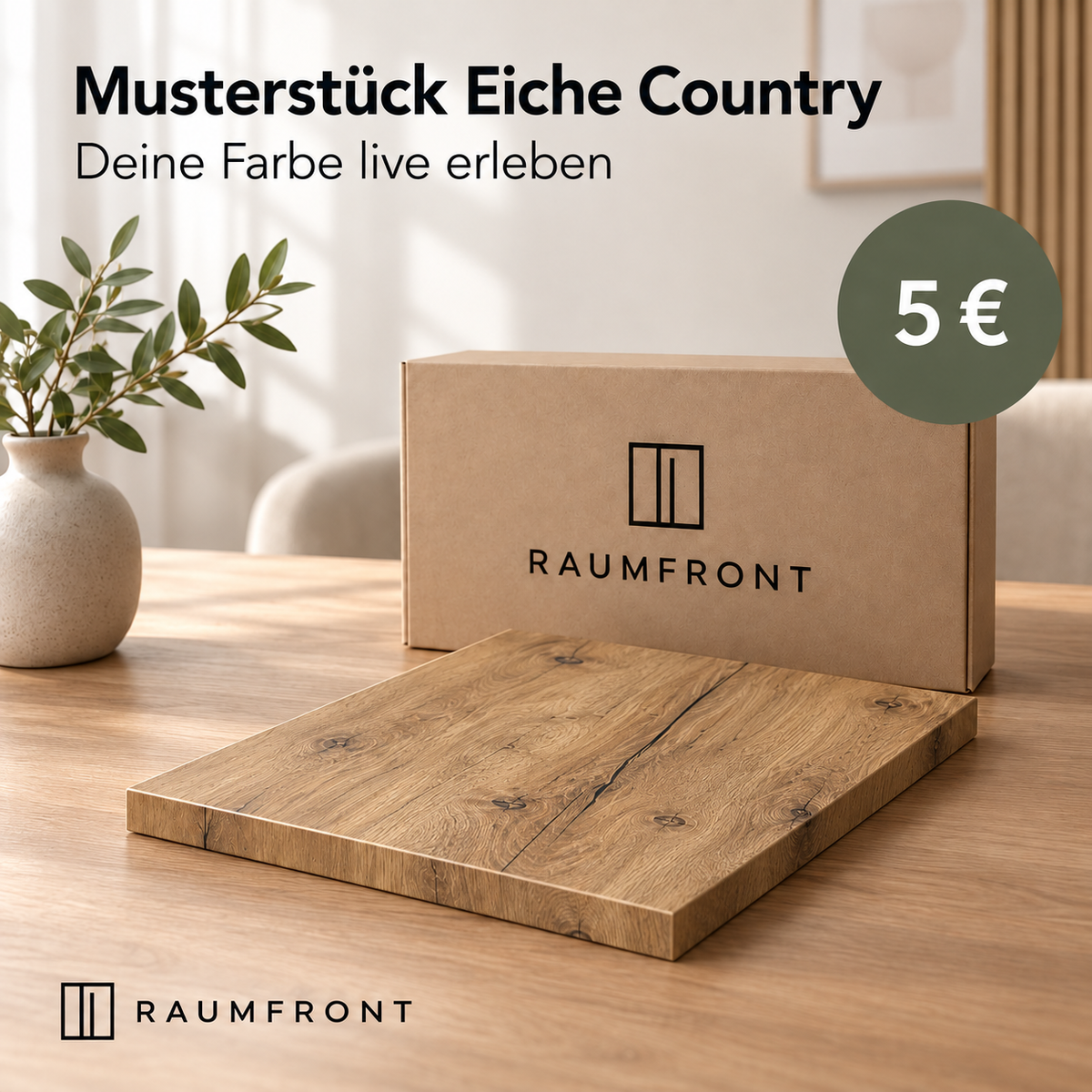 Musterstück Eiche Country mit durchgehend passender Oberfläche und Kanten, Raumfront-Verpackung und Preis 5 Euro