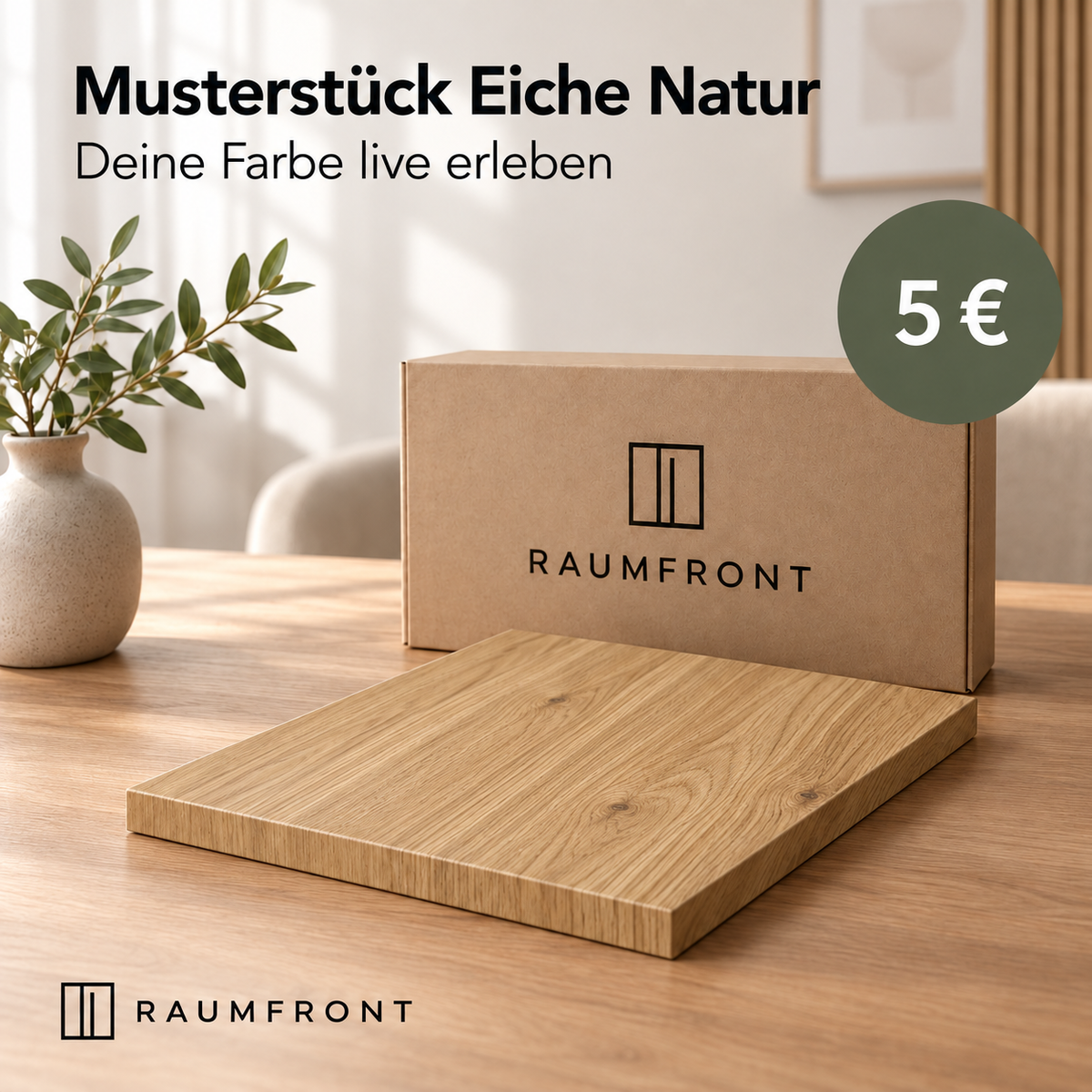Musterstück Eiche Natur mit durchgehend passender Oberfläche und Kanten, Raumfront-Verpackung und Preis 5 Euro