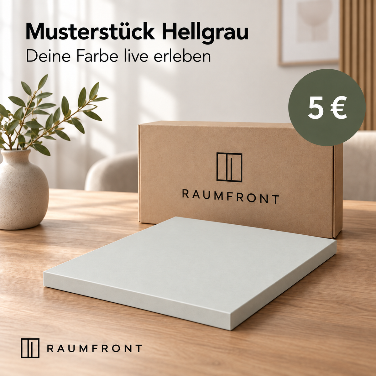 Musterstück Hellgrau mit durchgehend passender Oberfläche und Kanten, Raumfront-Verpackung und Preis 5 Euro