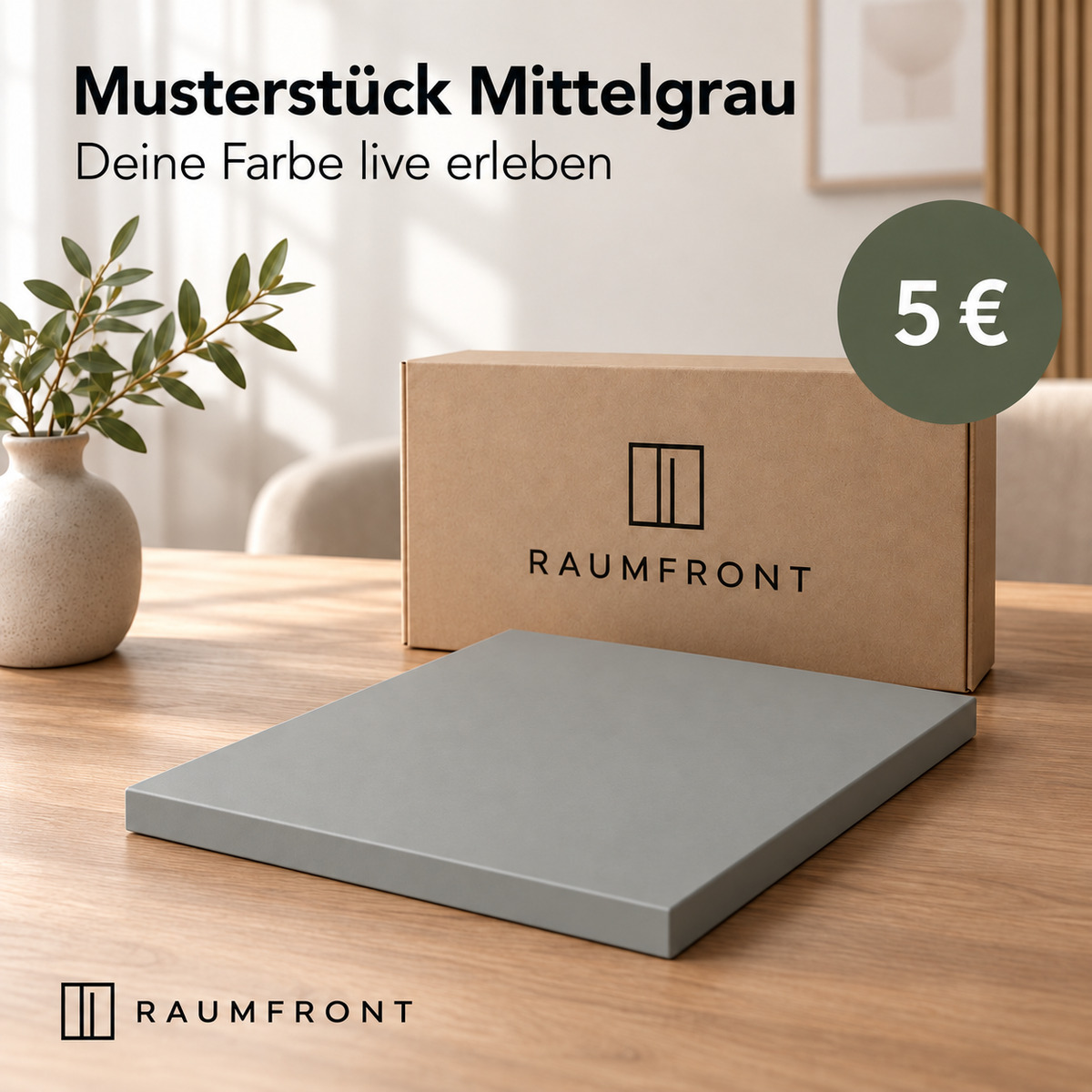Musterstück Mittelgrau mit durchgehend passender Oberfläche und Kanten, Raumfront-Verpackung und Preis 5 Euro