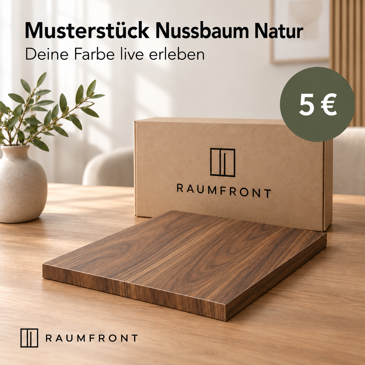 Musterstück Nussbaum Natur mit passender Holzoptik auf Fläche und Kanten, Raumfront-Musterverpackung und Preis 5 Euro