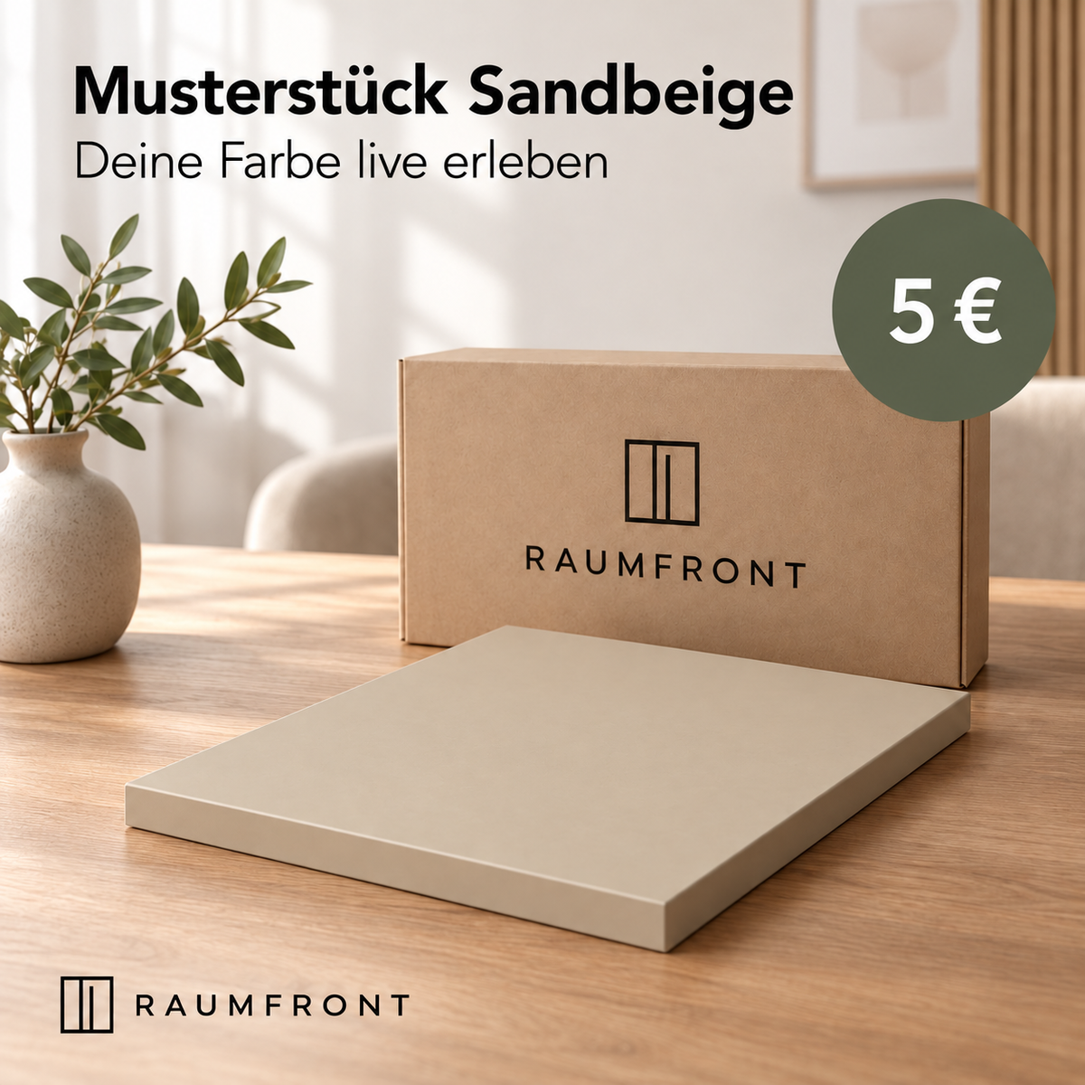 Musterstück Sandbeige mit durchgehend passender Oberfläche und Kanten, Raumfront-Verpackung und Preis 5 Euro
