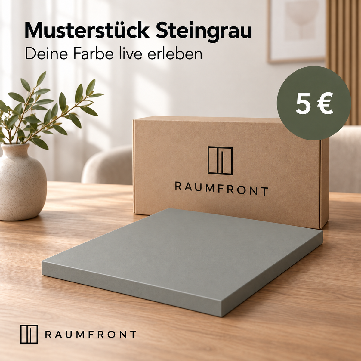 Musterstück Steingrau mit durchgehend passender Oberfläche und Kanten, Raumfront-Verpackung und Preis 5 Euro